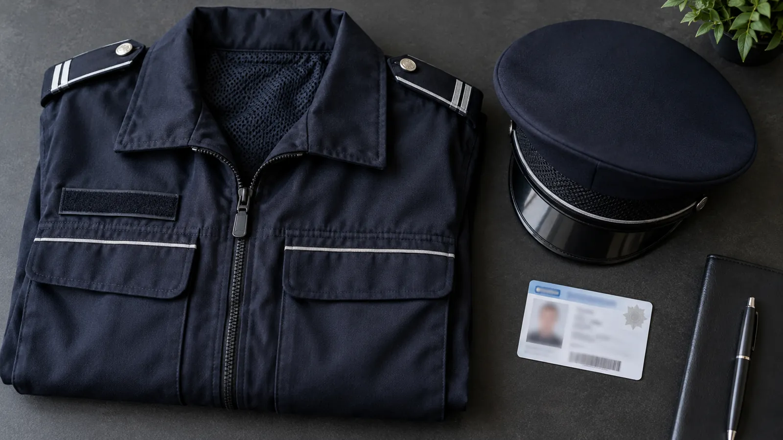 Zusammengelegte Polizeiuniform, Dienstmütze und Dienstausweis auf dunkler Tischplatte
