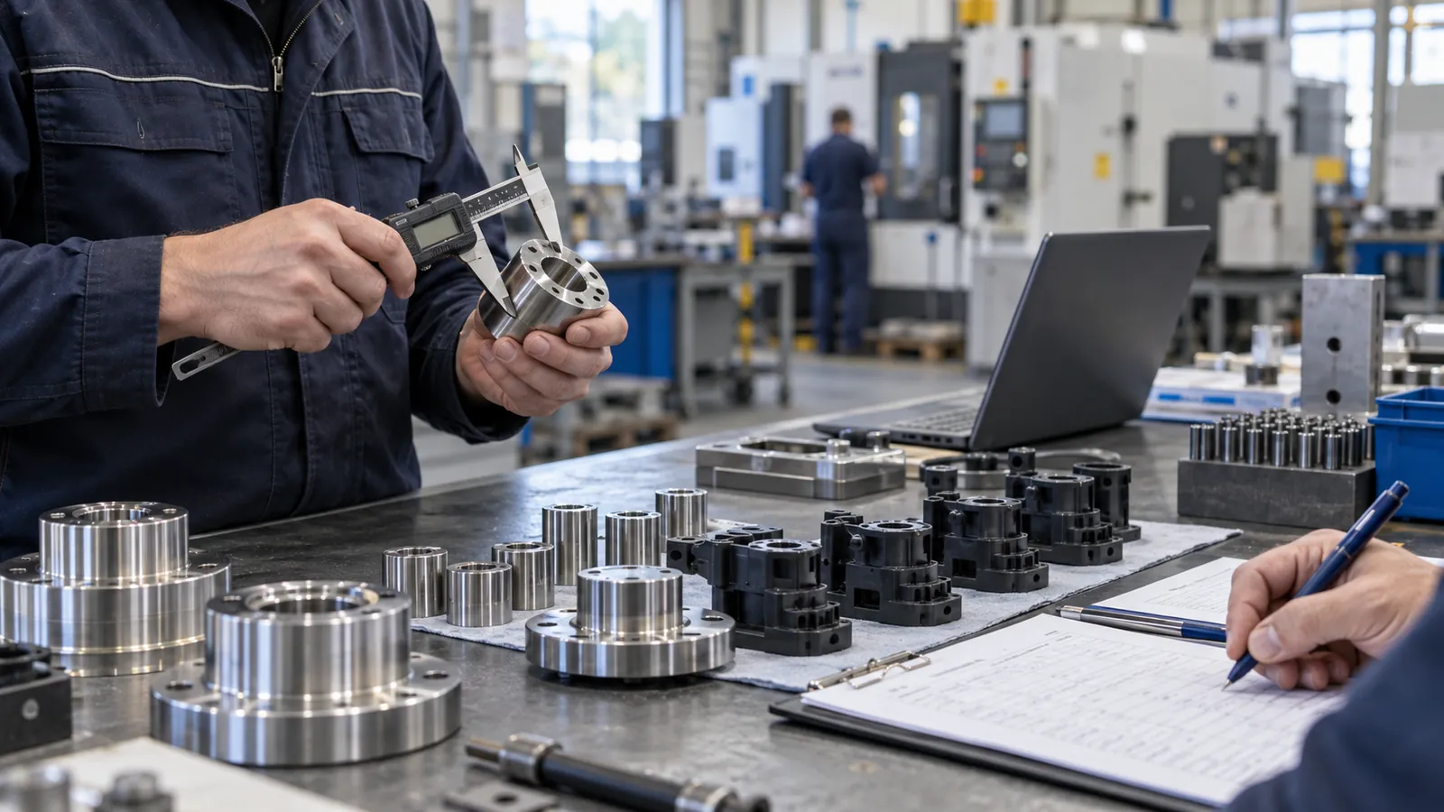 Qualitätskontrolle gefertigter Metallteile mit Messschieber und Prüfprotokoll