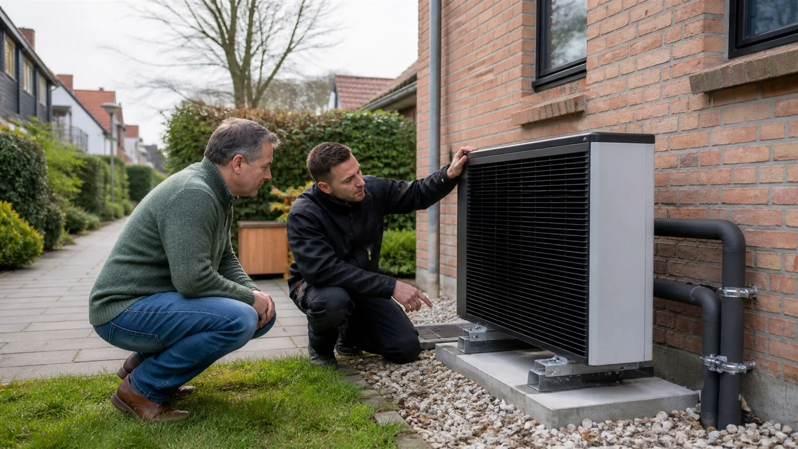 Wärmepumpe an einem Reihenhaus, Handwerker erklärt die Anlage