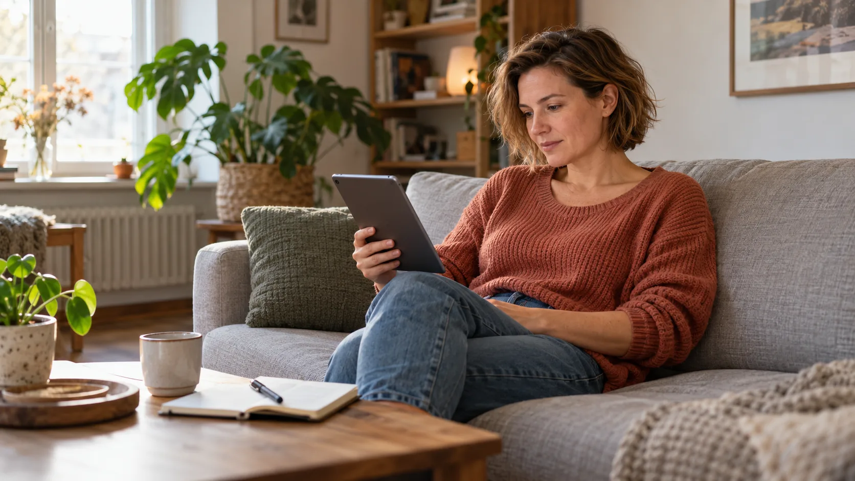 Frau liest auf dem Sofa auf einem Tablet