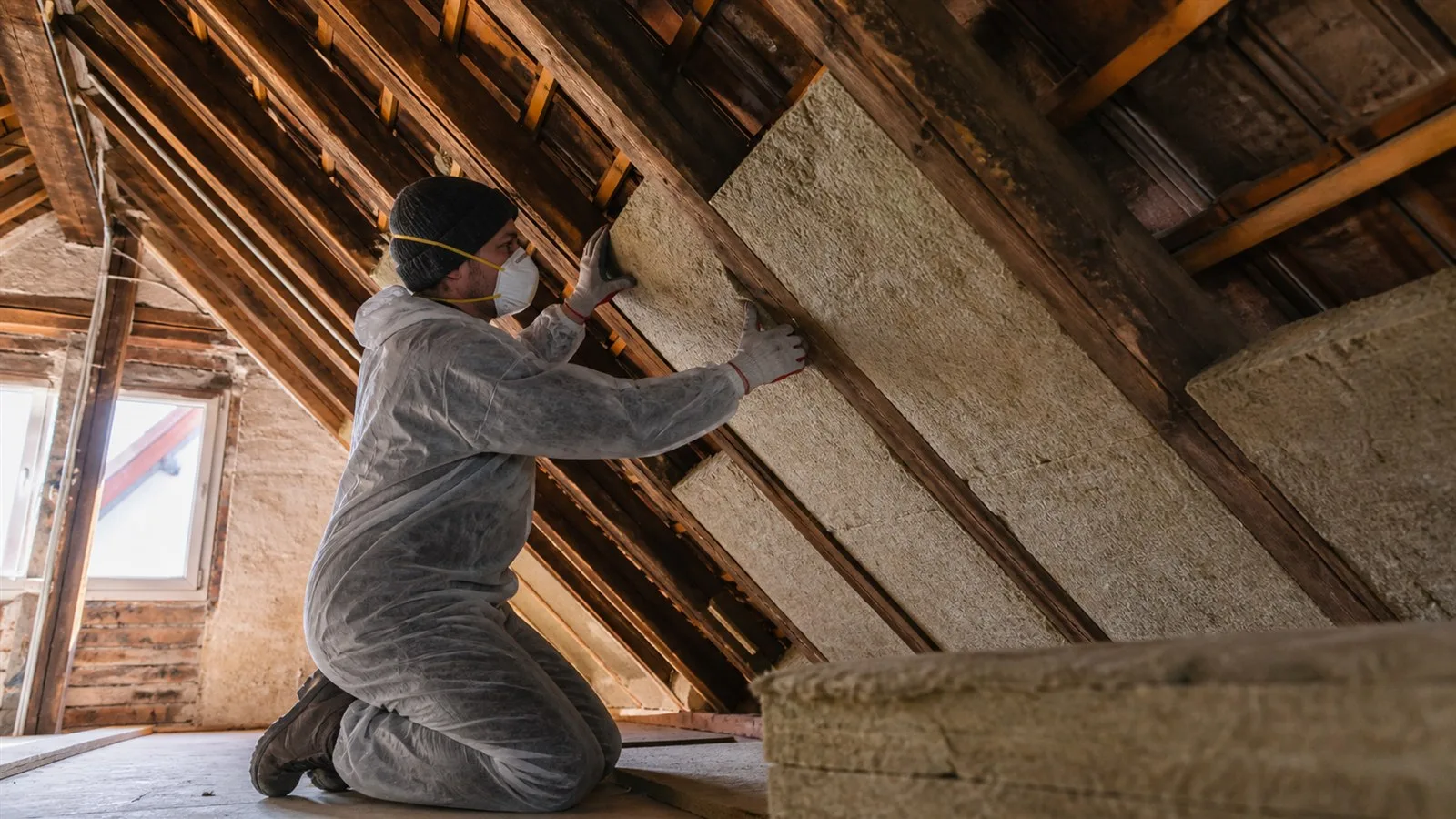 Handwerker dämmt die oberste Geschossdecke im Dachboden