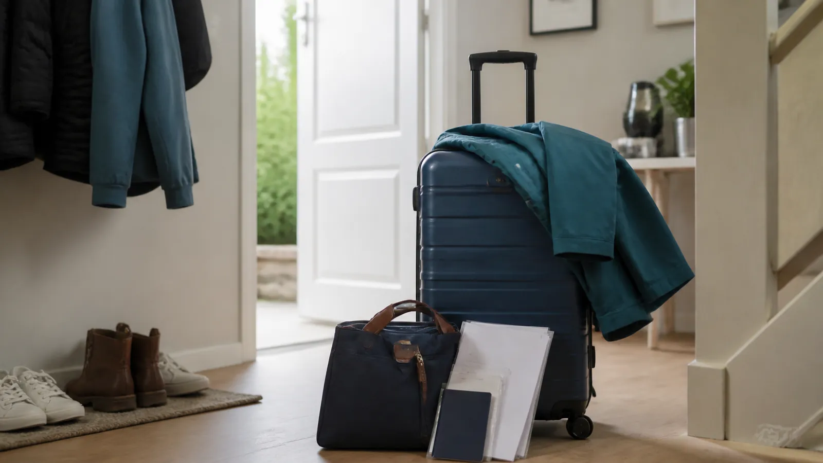Koffer und Reiseunterlagen im Flur