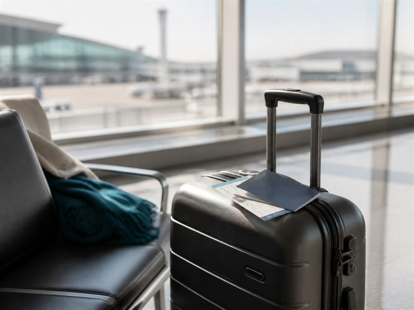 Koffer mit Reisepass und Bordkarte im Abflugbereich