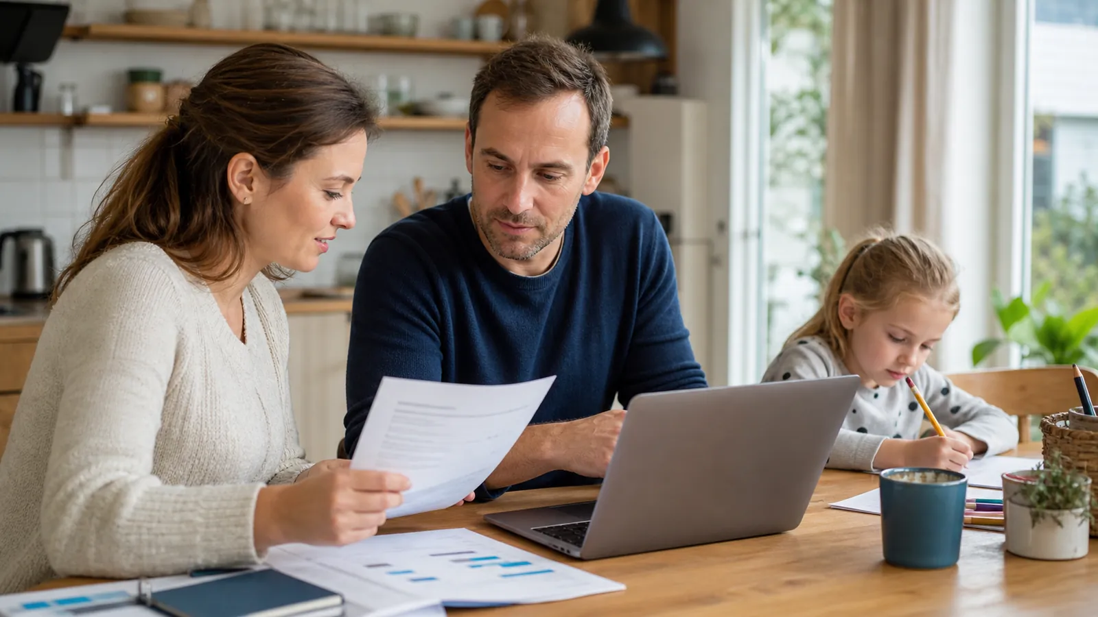 Familie am K&uuml;chentisch, Unterlagen und Laptop