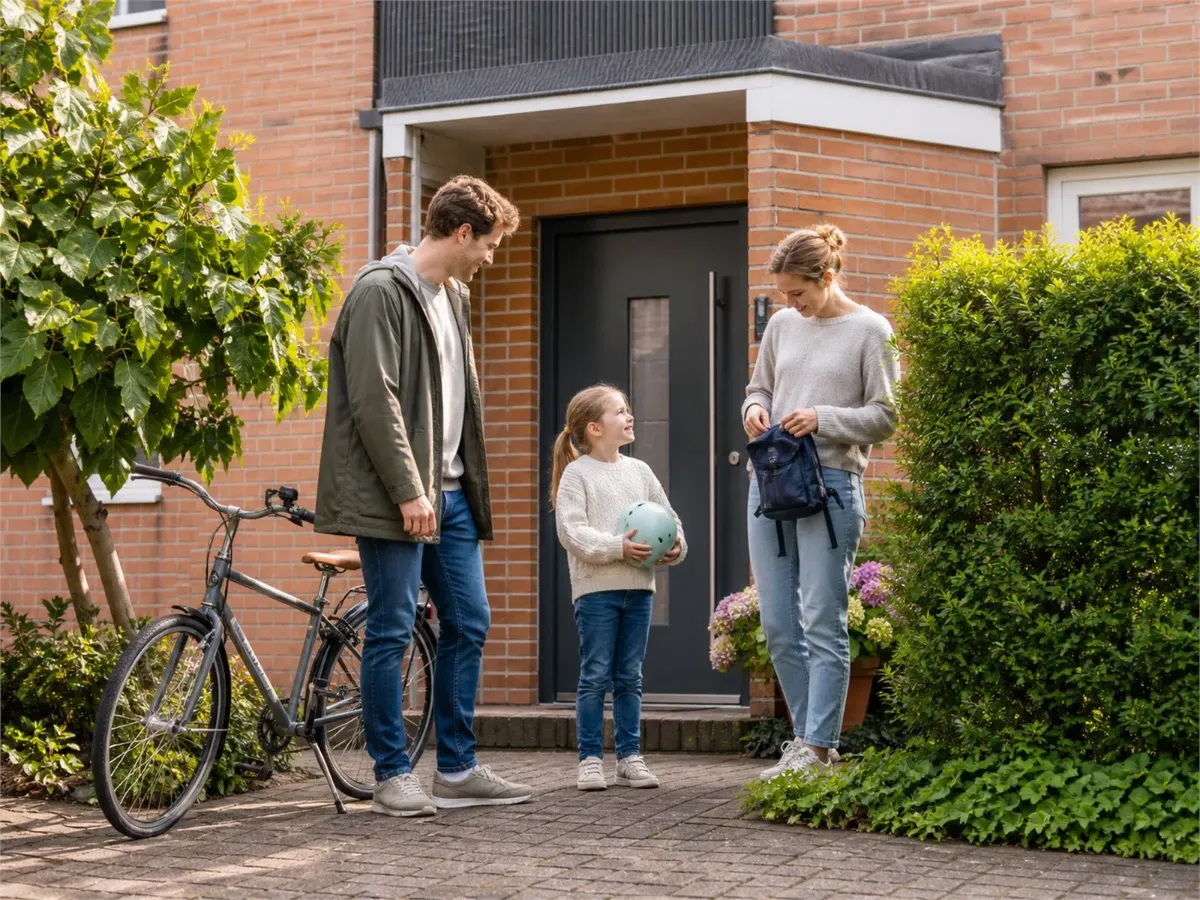 Familie mit Kind vor dem eigenen Haus
