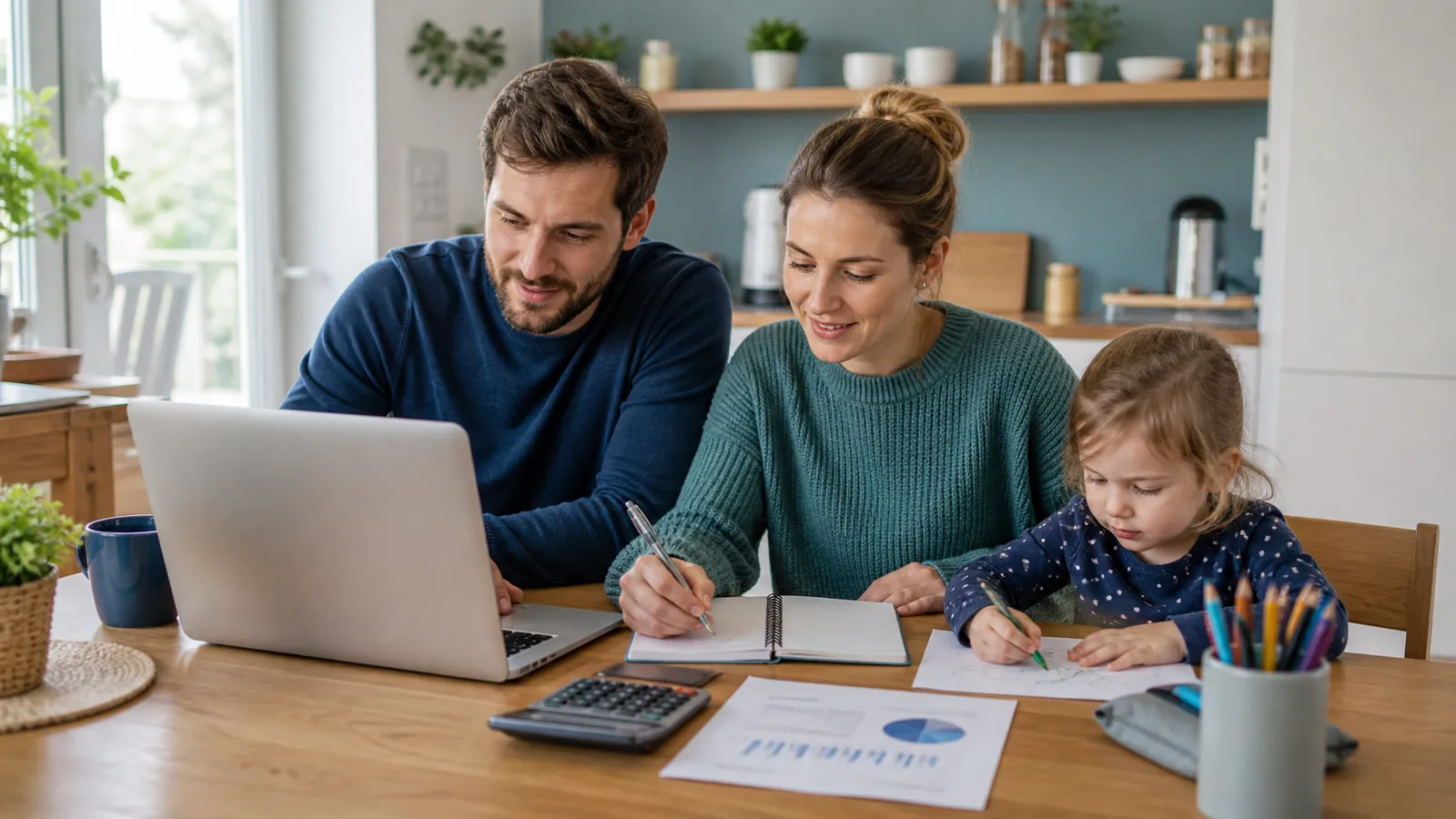 Junge Familie plant am Tisch die monatliche Sparrate