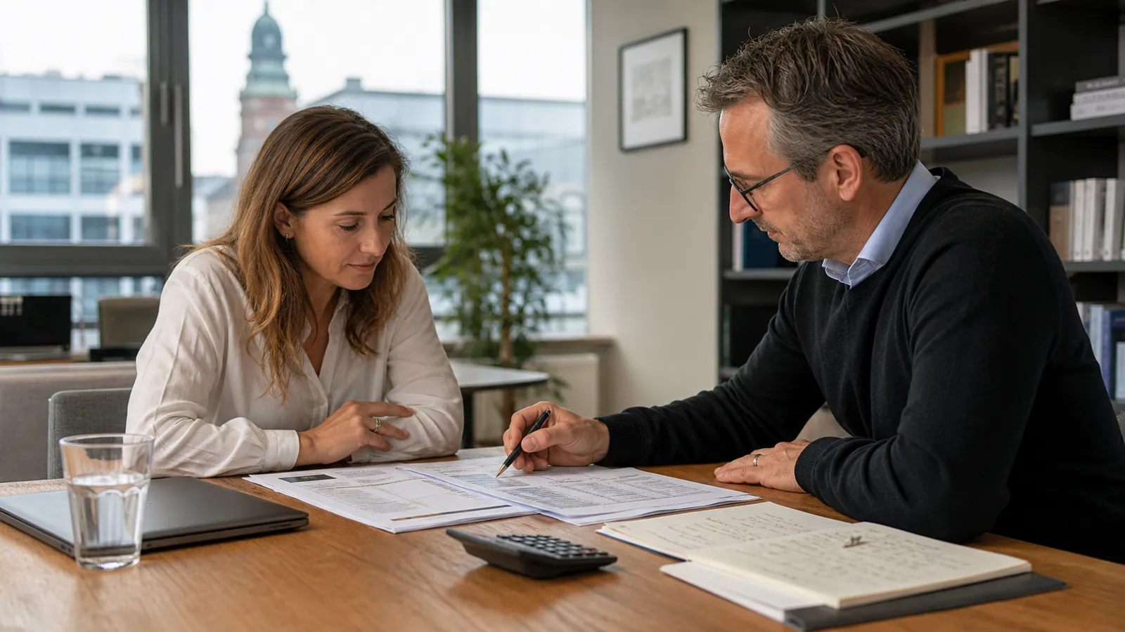 Beratungssituation am Tisch, Unterlagen und Notizen