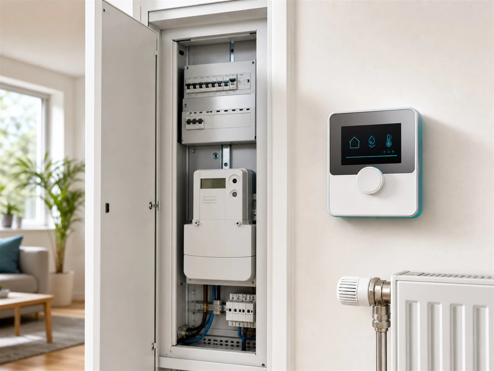 Zählerschrank und Raumthermostat in einer Wohnung