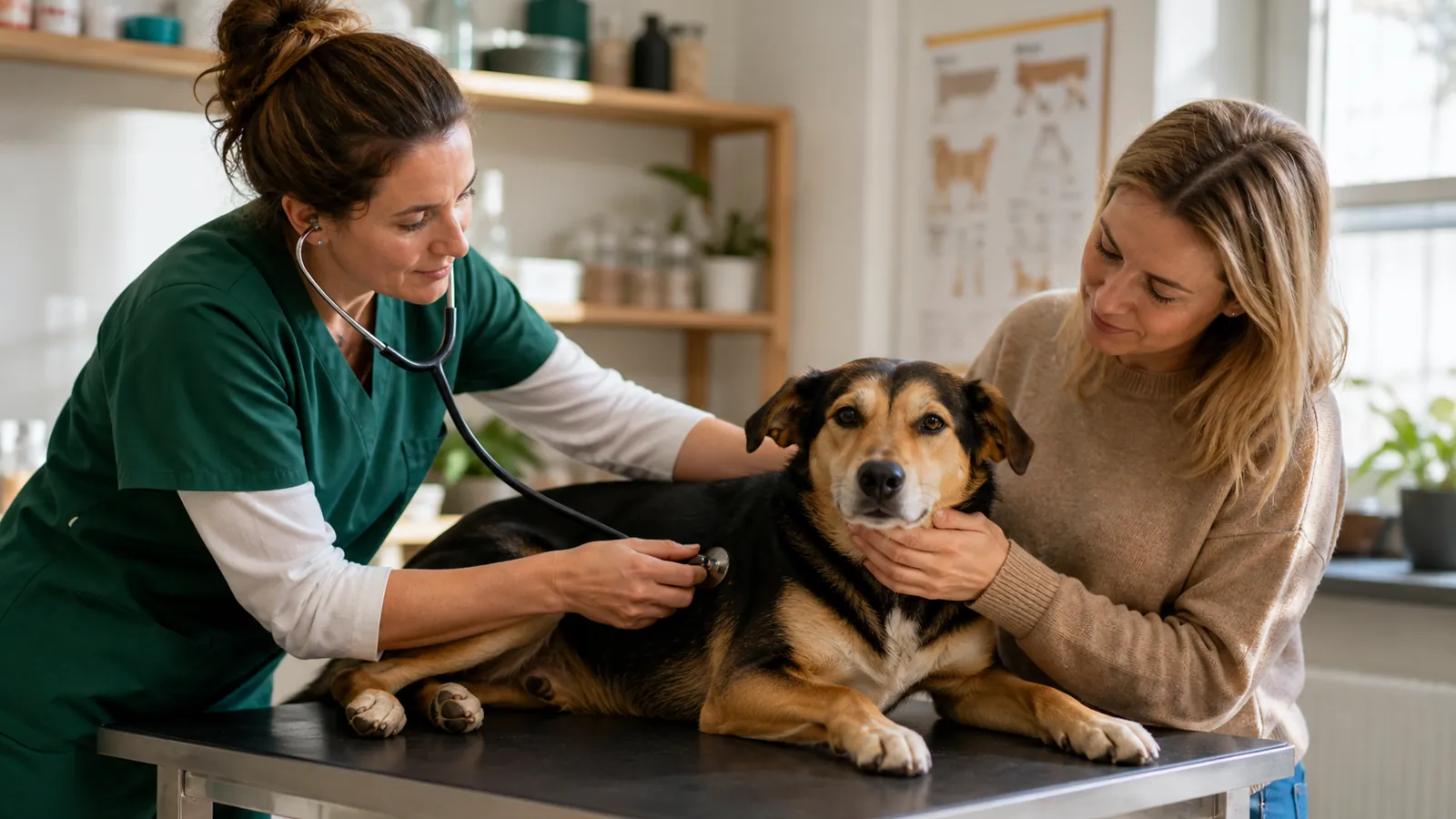 Hund oder Katze in der Tierarztpraxis, ruhige Untersuchungssituation