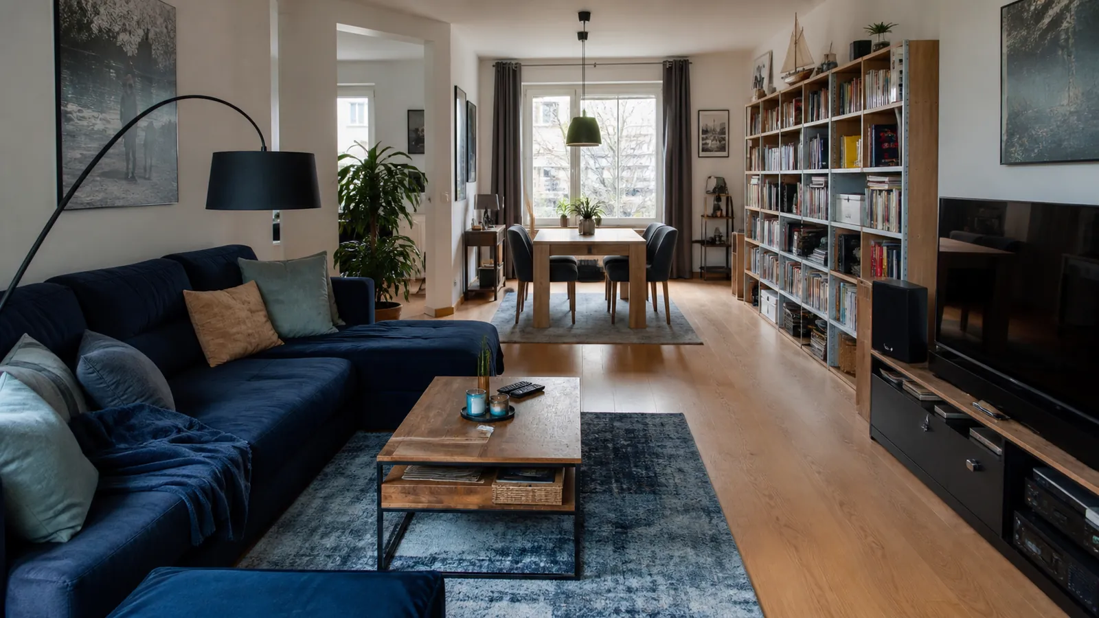 Eingerichtetes Wohnzimmer, Blick &uuml;ber M&ouml;bel und Regale