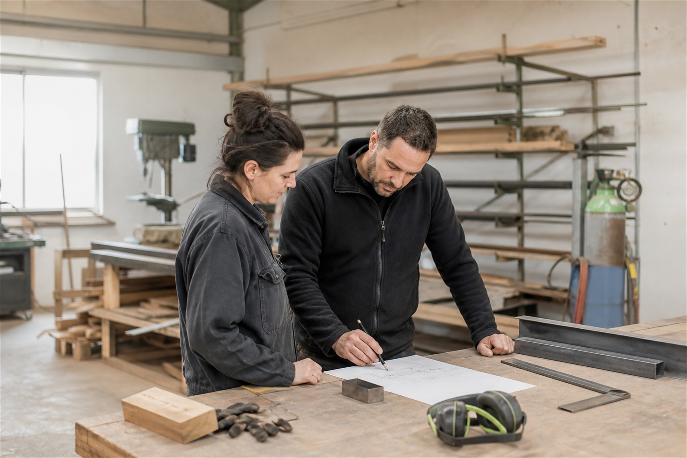 Zwei Handwerker besprechen eine Zeichnung in der Werkstatt