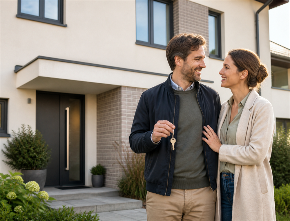 Paar mit Schlüssel vor dem eigenen Haus nach der Immobilienfinanzierung