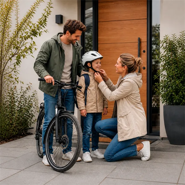 Familie vor dem Haus: Mutter befestigt den Fahrradhelm ihres Kindes