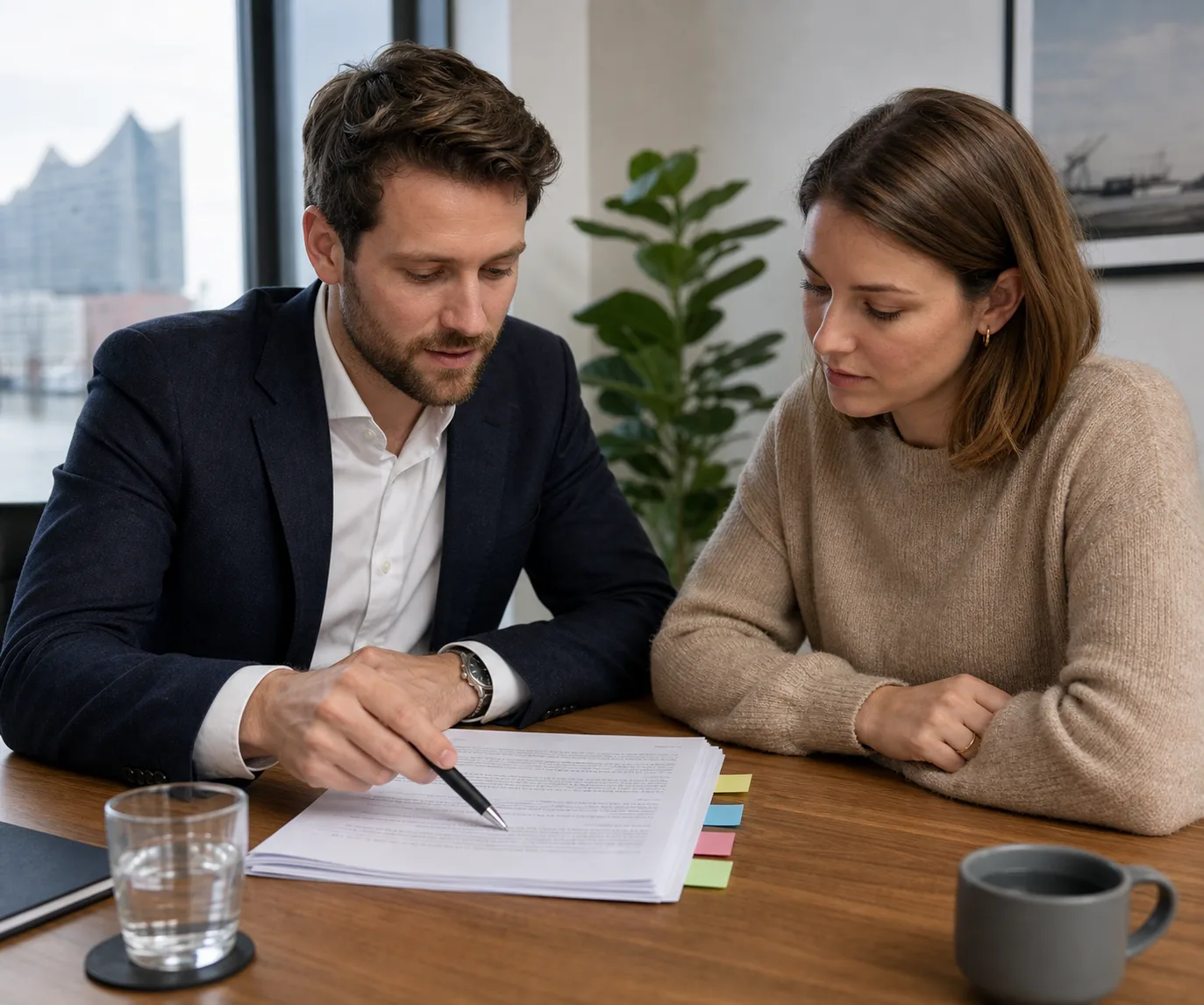Beratungsgespräch zur Berufsunfähigkeitsversicherung mit Unterlagen auf dem Tisch