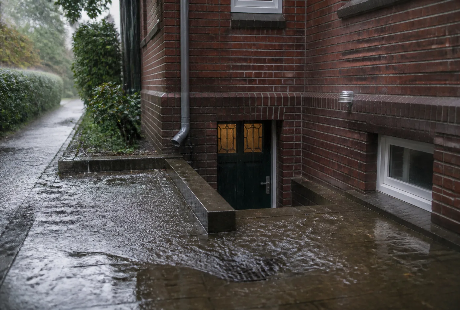 Regenwasser läuft an einem Backsteinhaus in den abgesenkten Kellereingang